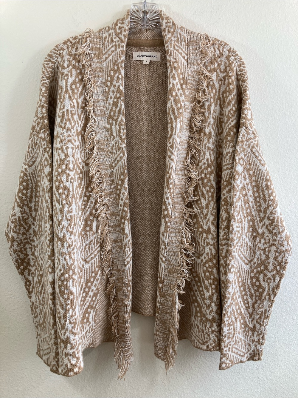 Lucky Brand Boho Fringe Cardigan Size L Tan Cream Open Knit Sweater